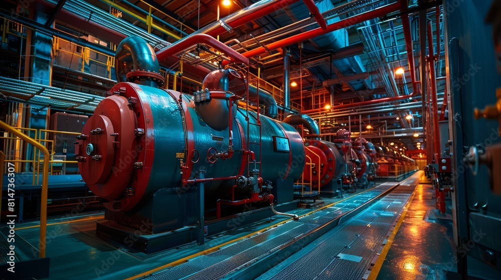 Modern boiler room with red and blue pressure tanks. Modern boiler room with red and blue pressure tanks.