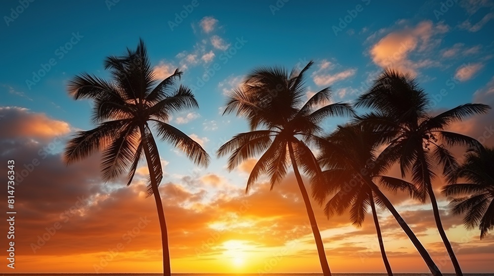 Sunset on a tropical beach with palm trees and rocks. Serene beauty is captured in this exquisite coastal oasis. Summer relaxing mood with stunning palm tree Sunset on a tropical beach with palm trees and rocks. Serene beauty is captured in this exquisite coastal oasis. Summer relaxing mood with stunning palm tree