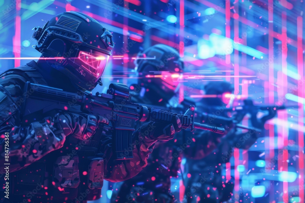 A dynamic scene of digital warriors guarding a blockchain structure, equipped with futuristic cyber weapons A dynamic scene of digital warriors guarding a blockchain structure, equipped with futuristic cyber weapons