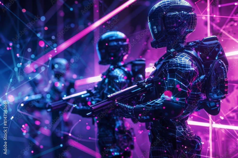 A dynamic scene of digital warriors guarding a blockchain structure, equipped with futuristic cyber weapons A dynamic scene of digital warriors guarding a blockchain structure, equipped with futuristic cyber weapons