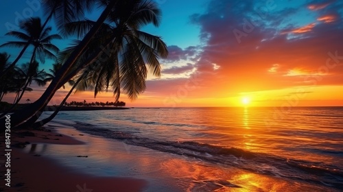 Sunset on a tropical beach with palm trees and rocks. Serene beauty is captured in this exquisite coastal oasis. Summer relaxing mood with stunning palm tree