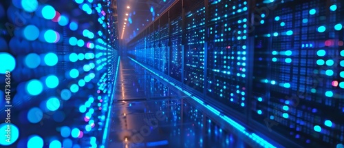 Closeup shot of network servers with bright cyan LED lights, positioned in a clean, organized row, highlighting precision in technology management