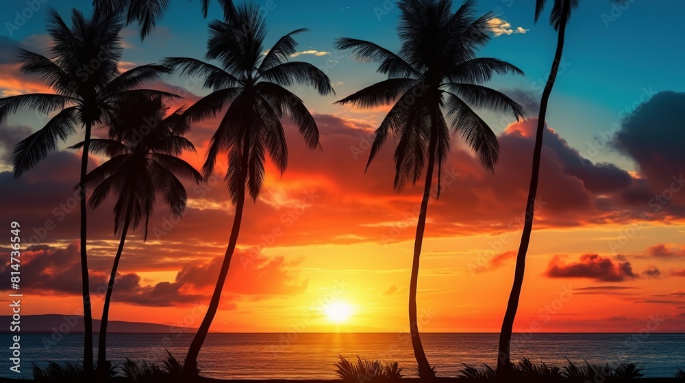 Sunset on a tropical beach with palm trees and rocks. Serene beauty is captured in this exquisite coastal oasis. Summer relaxing mood with stunning palm tree