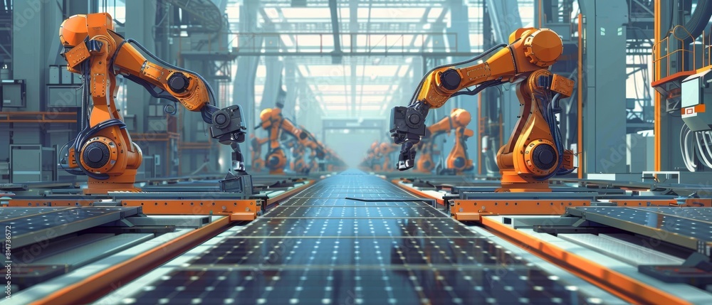Concept art showing industrial robots installing solar panels, depicted in an outdoor factory setting with a focus on green technology Concept art showing industrial robots installing solar panels, depicted in an outdoor factory setting with a focus on green technology