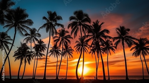 Sunset on a tropical beach with palm trees and rocks. Serene beauty is captured in this exquisite coastal oasis. Summer relaxing mood with stunning palm tree