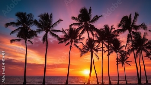 Sunset on a tropical beach with palm trees and rocks. Serene beauty is captured in this exquisite coastal oasis. Summer relaxing mood with stunning palm tree