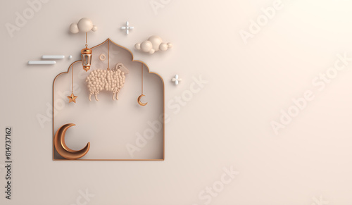 Eid al adha decoration background with goat sheep, arabic lantern, mosque window, ramadan kareem, mawlid, iftar, eid al fitr, muharram, copy space text area, 3D illustration. photo