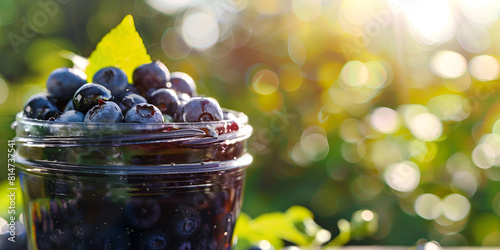 Fresh blueberry jam jar with bokeh blur background