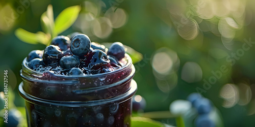 Fresh blueberry jam jar with bokeh blur background