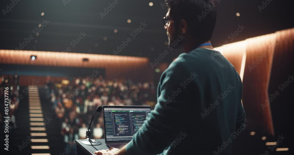 Open Lecture at an University Campus: Post Graduate College Student Making a Software Company Presentation to a Group of Students. Young Indian Man Giving Advice on Career Opportunity