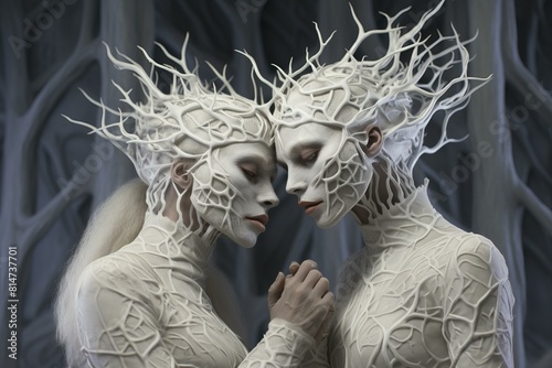 Couple in elaborate white masks with branchlike designs pose in a mystical, serene setting photo