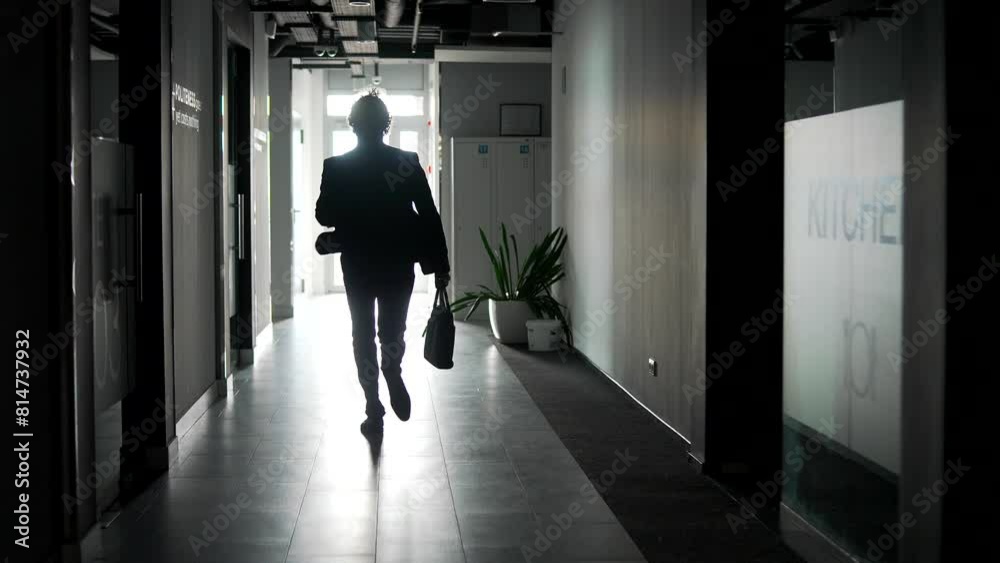 Rear view. The silhouette of a businessman in suit runs along corridor of office building. A confident entrepreneur or manager with a briefcase in his hands is late, rushing to exit of business center Rear view. The silhouette of a businessman in suit runs along corridor of office building. A confident entrepreneur or manager with a briefcase in his hands is late, rushing to exit of business center