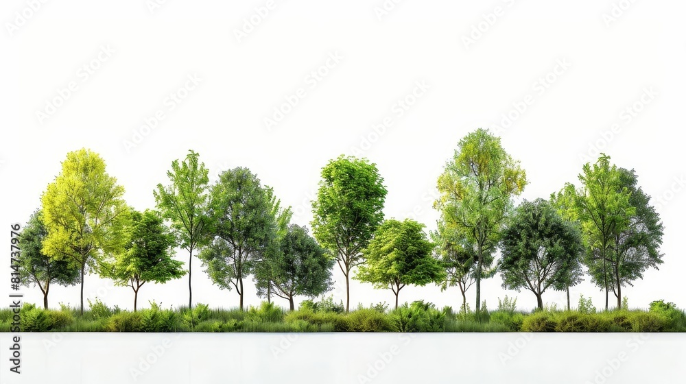 Fototapeta premium A row of lush green trees of various types and heights, set against a solid white background.