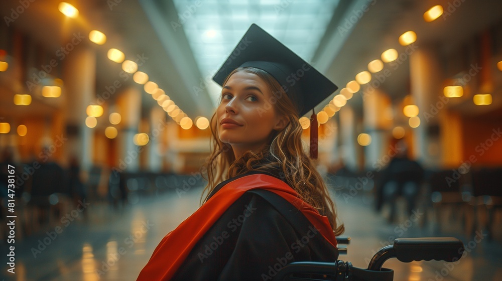 © HikikomorAI - Portrait of a recently graduated university student in a wheelchair, holding a university degree, gown, stole, mortarboard, tassel, graduation ceremony, inclusion. © HikikomorAI - Portrait of a recently graduated university student in a wheelchair, holding a university degree, gown, stole, mortarboard, tassel, graduation ceremony, inclusion.