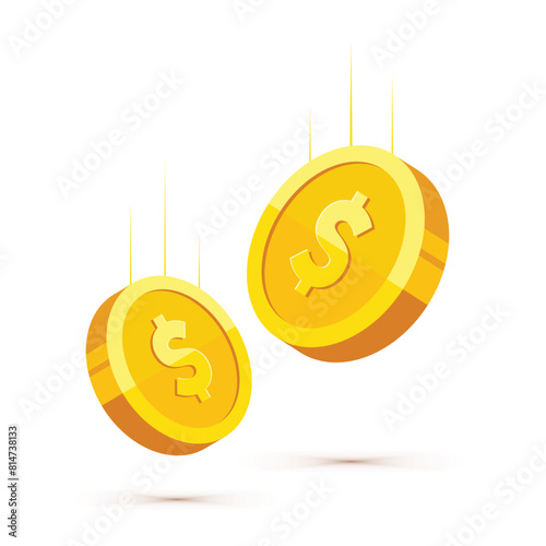 Falling gold coins with dollar us currency sign vector illustration isolated on white background. Business and finance concept design element.