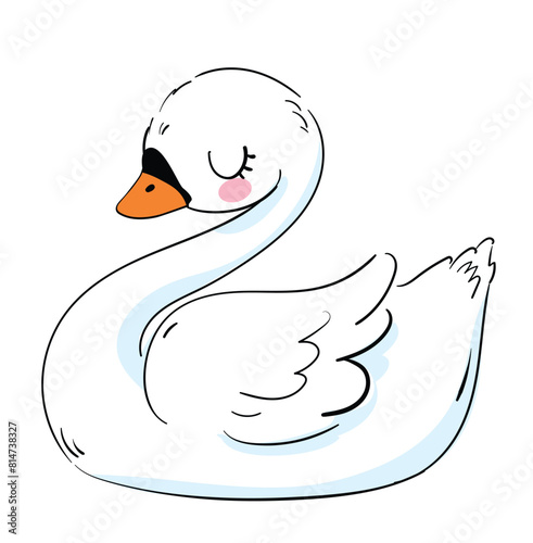 Cute Swan cartoon vector illustration. Hand Drawn Kids Print