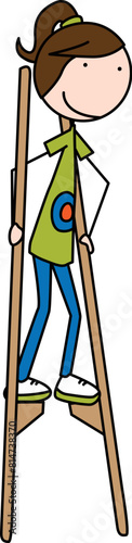 Cartoon illustration of a girl walking on wooden stilts