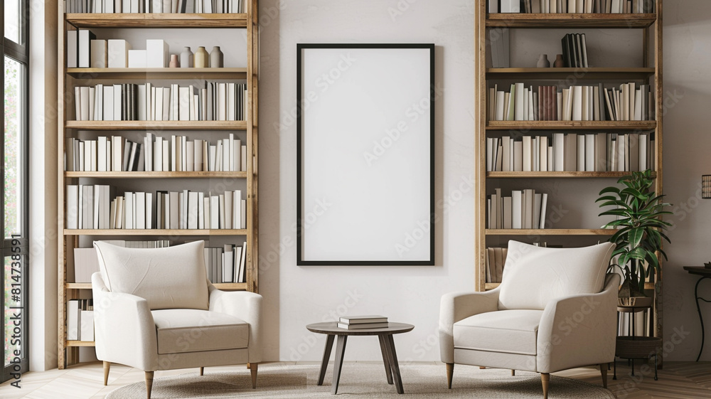 A mockup of an empty black frame on the wall in a modern reading room with armchairs and bookshelves A mockup of an empty black frame on the wall in a modern reading room with armchairs and bookshelves
