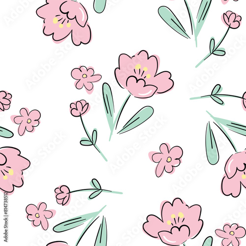 Cute little pink flowers on the blue background seamless pattern vector illustration