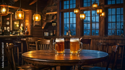 beer mugs colliding mid-air in a cozy pub atmosphere