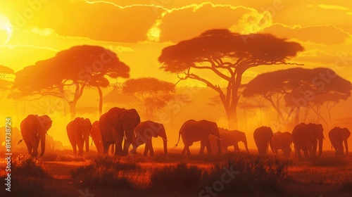 Majestic African Elephants Walking at Sunset in the Savannah © mariiaplo