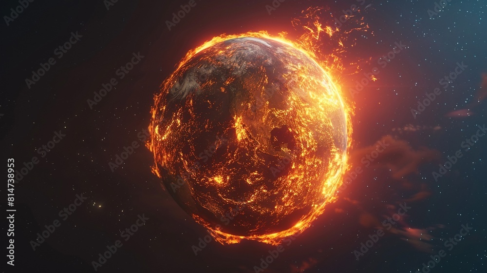 Global warming visual of fiery Earth flat design front view urgent action theme 3D render vivid Global warming visual of fiery Earth flat design front view urgent action theme 3D render vivid