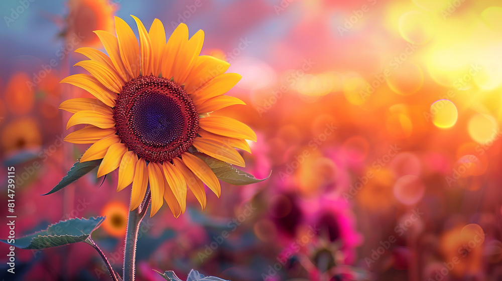 Fototapeta premium Beautiful sunflower on blurred background of a field with blooming flowers