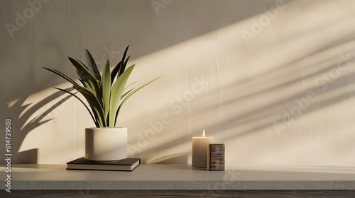 Plant with Candle and Bookend on Shelf near Bed  