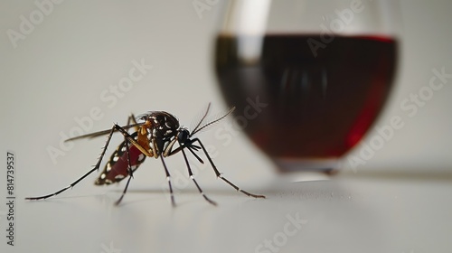 Mosquito drunk with blood on background of glass of red wine. Generative AI photo