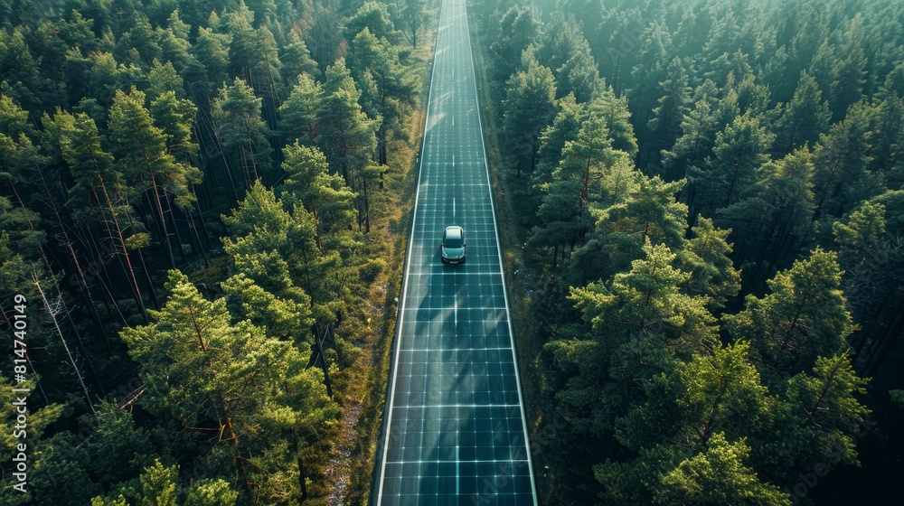 Drone capture of a road that incorporates environmental sensors through a forest, facilitating realtime ESG data collection and analysis