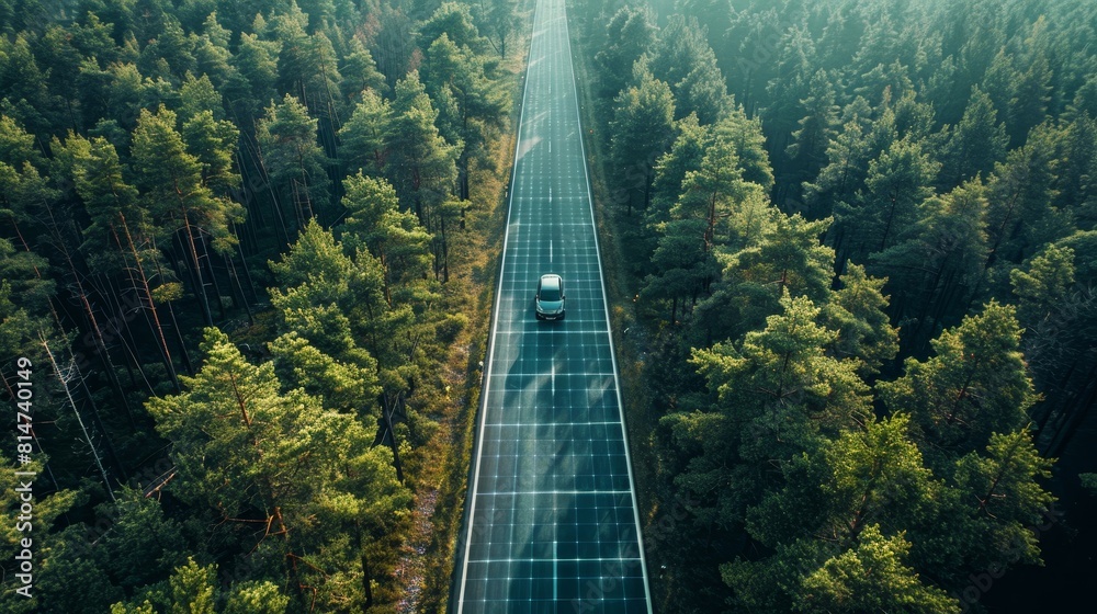 Obraz premium Drone capture of a road that incorporates environmental sensors through a forest, facilitating realtime ESG data collection and analysis