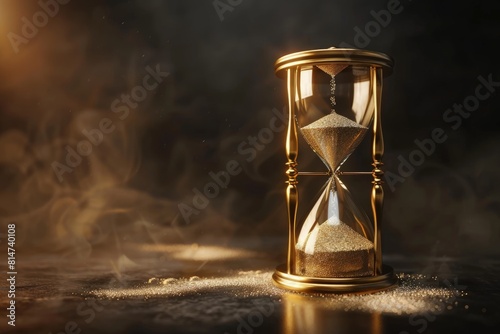 Hourglass with flowing sand, concept of passage of time, measuring time, counting time. photo