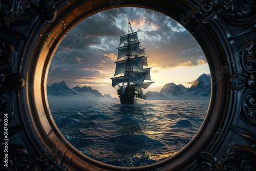 Ship sailing in the sea framed by a round frame, sunset in the background, fantasy concept.