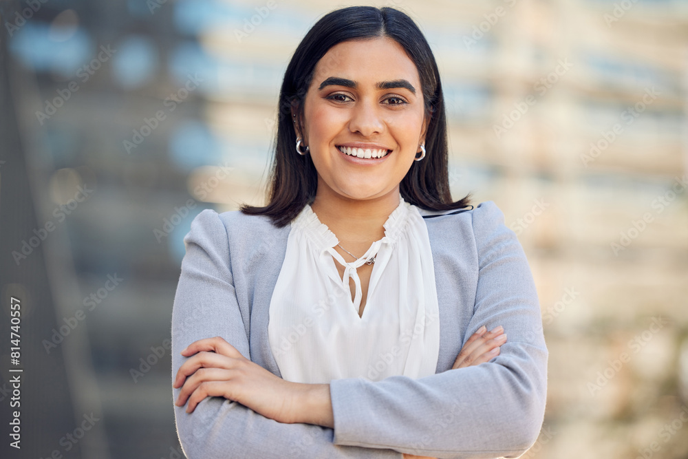 Business woman, confident and portrait in city, employee and proud of career opportunity in town. Female person, arms crossed and smile for urban satisfaction, professional and lawyer in outdoor Business woman, confident and portrait in city, employee and proud of career opportunity in town. Female person, arms crossed and smile for urban satisfaction, professional and lawyer in outdoor