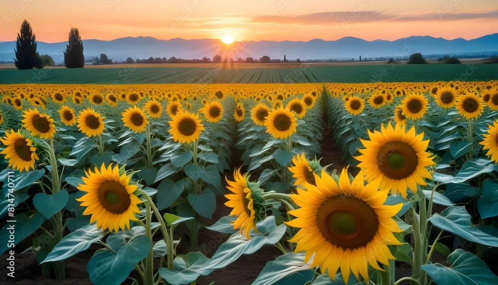 sunflower field with rays of sunlight, lots of clouds,4k, art nouveau style, sunset colours, very detailed