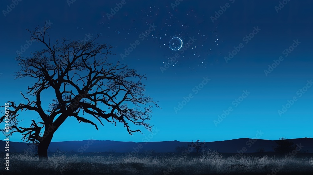 A frightening night view of a tree under a full moon, adds a sense of horror to the dark setting.