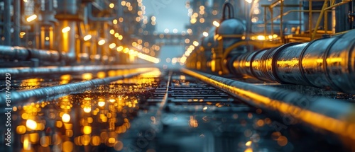 Dynamic evening shot of an industrial pipeline system  with lights along the pipe rack creating a futuristic look in the chemical plant