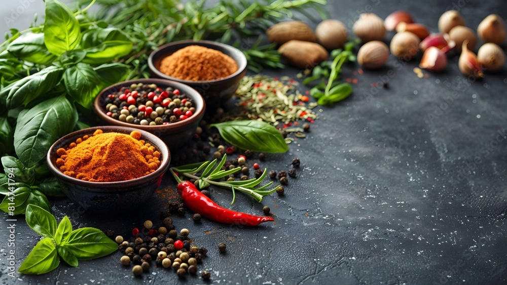 Herbs and spices for cooking on dark background
Herbs and spices for cooking on dark background