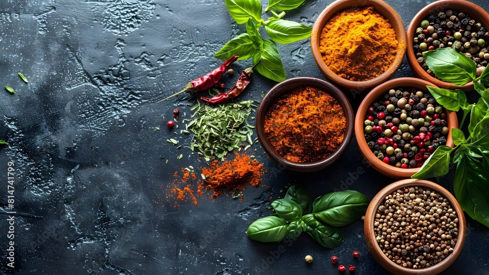 Culinary essentials displayed against a dark surface, perfect for cooking inspiration.
