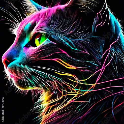 A tangle of feline animals on a neon black background of digital particles.