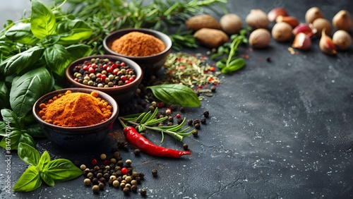 Herbs and spices for cooking on dark background 