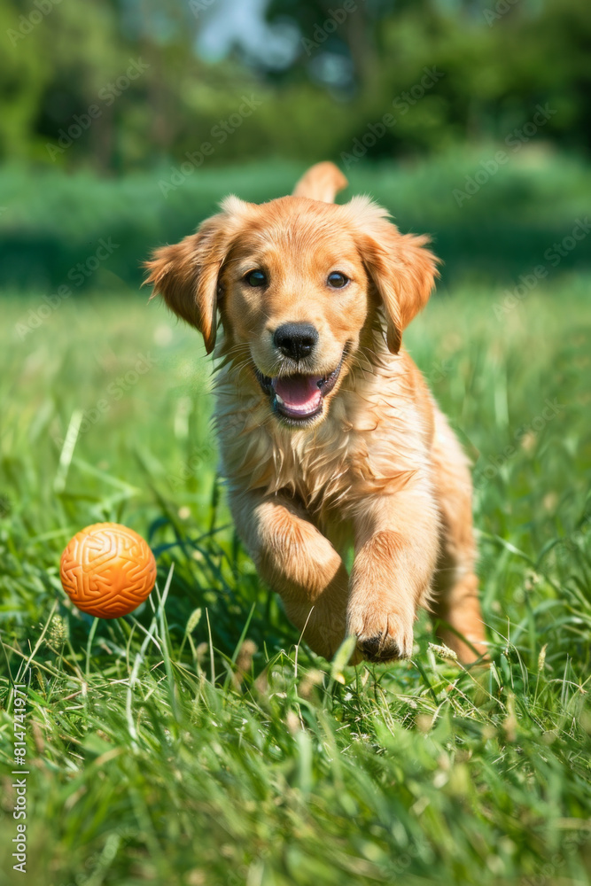 An adorable golden retriever puppy frolicking joyfully in green grass, chasing after a bright ball with boundless energy and enthusiasm. An adorable golden retriever puppy frolicking joyfully in green grass, chasing after a bright ball with boundless energy and enthusiasm.