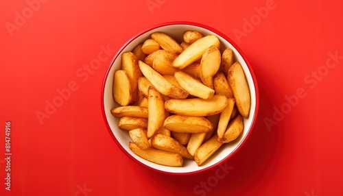 Potato chips in a red bowl against a red backdrop. Red bowl holding potato chips on a red surface.