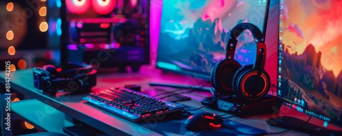 A laptop in a gaming setup with colorful LED lights and gaming gear, appealing to the techsavvy photo