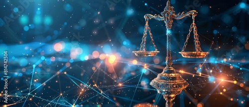 Hightech graphic of scales of justice, each arm connected to fiber optic cables leading to servers, symbolizing the fastpaced nature of digital law photo