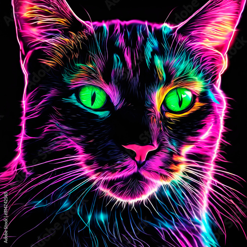 A tangle of feline animals on a neon black background of digital particles.