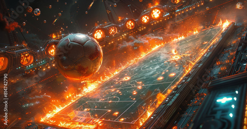 Fototapeta Naklejka Na Ścianę i Meble -  A surreal soccer game takes place on a space station with a lava-filled ball.