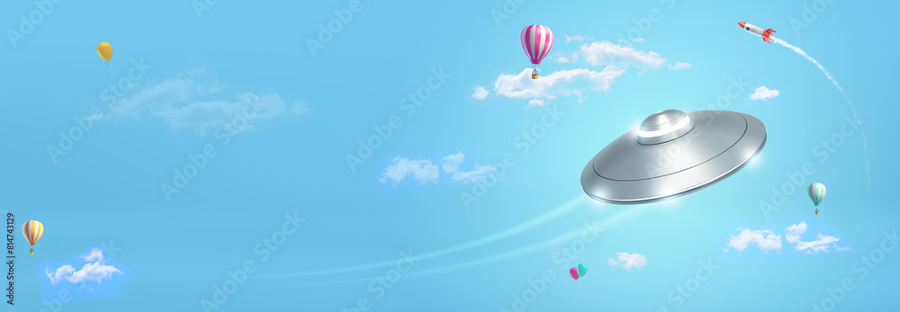 UFO and hot air balloons on a blue sky UFO and hot air balloons on a blue sky