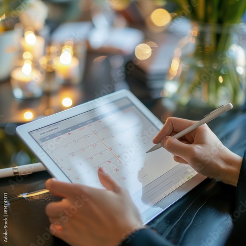 Event manager using digital tablet with monthly calendar planner for event planning and manages time for effective work.