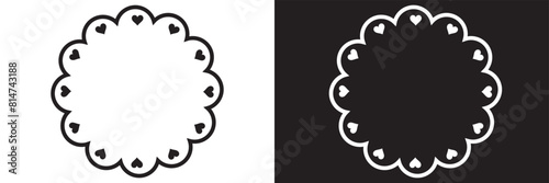 Circle scalloped frames. Scalloped edge rectangle and ellipse shapes. Simple label and sticker form. Flower silhouette lace frame. Vector illustration isolated on white and black background. EPS 10 photo
